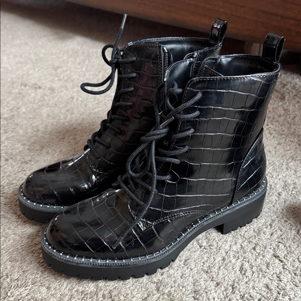 Black Croc-Embossed Lace-Up Boots - ‘A New Day’